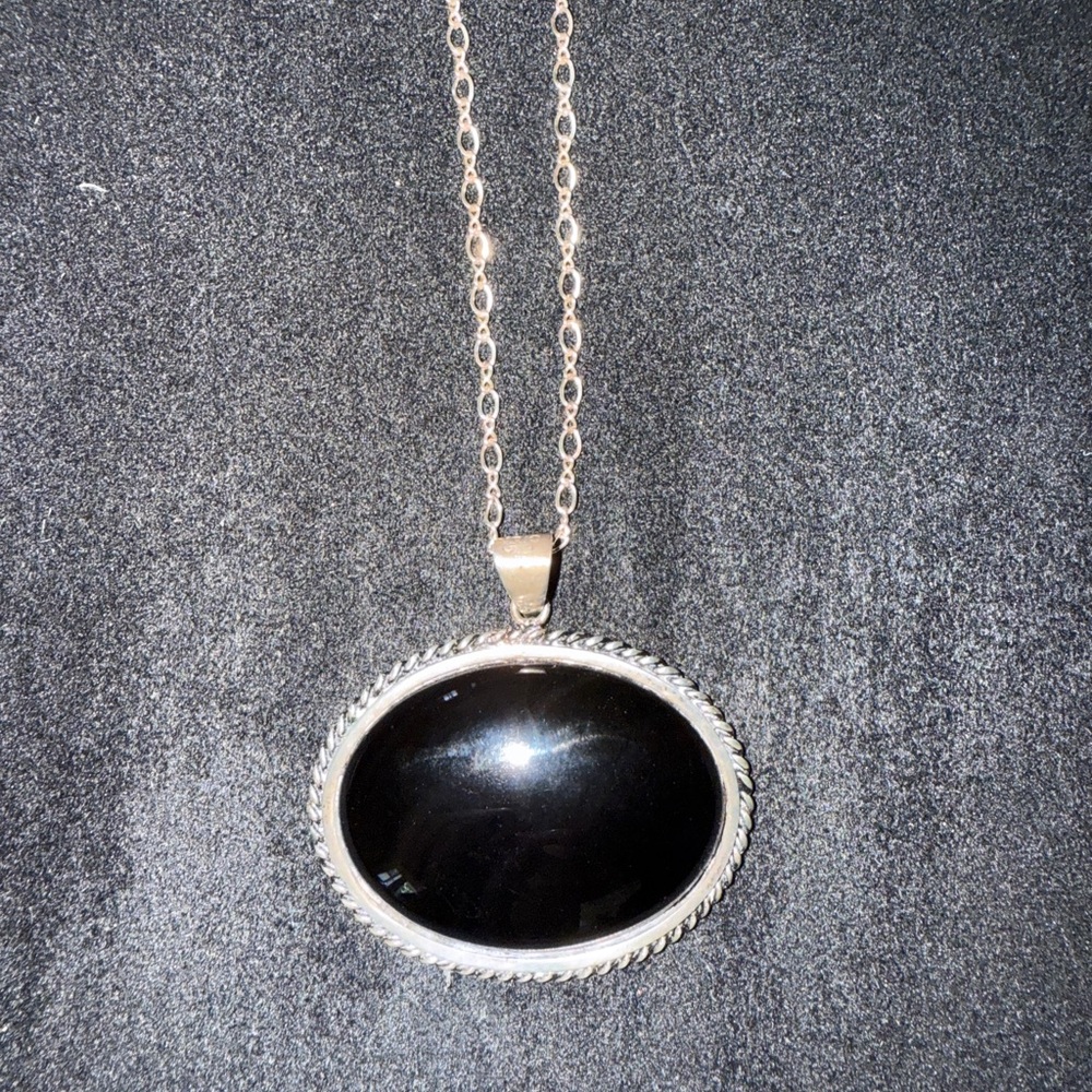 Vintage Black Onyx Pendant in Sterling Silver Setting – Oval Cabochon Necklace